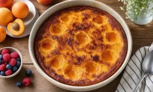 Un délicieux flan aux abricots, doré et appétissant, entouré de fruits frais et d'une touche florale.