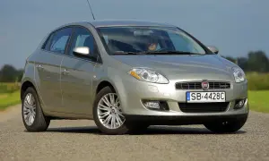 Srebrny Fiat Bravo 2 z wyraźnymi żarówkami reflektorów, zaparkowany na drodze.