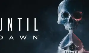 Grafika gry Until Dawn. Czas gry ucieka, gdy czaszka-klepsydra z domkiem i ludzikami w środku symbolizuje grozę.