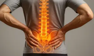Mann mit schmerzhaftem Rücken, dessen Wirbelsäule orange leuchtet, was auf aktivierte Osteochondrose hindeutet.