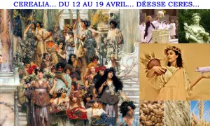 Exposé sur Déméter, déesse des moissons, avec des scènes de fête, des statues et des épis de blé.
