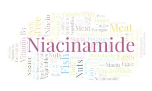 Niacynamid jak stosować? W chmurze słów znajdziesz informacje o niacynamidzie, witaminie B3, rybach, mięsie, warzywach i innych produktach.