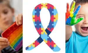 Dziecko bawi się kolorową zabawką, symbol wstążki z puzzli i radosny maluch z pomalowanymi dłońmi. Obrazek symbolizuje choroba spektrum.