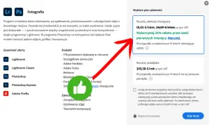 Ile kosztuje Photoshop? Roczny plan z płatnością miesięczną to 18,43 €/mies., z 25% rabatem przez pierwsze 6 miesięcy.