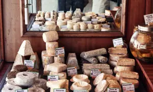 En ostdisk fylld med olika ostar, från pyramidformade till runda, med etiketter som "Charolais" och "Valençay". En stor burk med vätska står bredvid. En ost med namnet "parmesan gravid" skulle passa perfekt här.