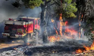 Un camion de pompiers intervient dans un incendie de forêt. Les feux de route sont essentiels quand les utiliser pour signaler le danger.