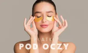 Kobieta z złotymi płatkami pod oczami, które nawilżają skórę. Płatki pod oczy to sekret promiennej cery.
