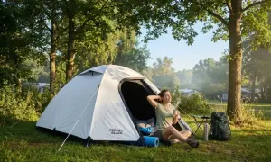 Une femme savoure un café matinal près de sa tente, profitant du calme pour bien dormir en tente. Un sac à dos et un thermos sont à proximité.