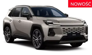 Nowy, beżowy toyota jeep RAV4 z nowoczesnym grillem i światłami LED. Czekamy na tę nowość!