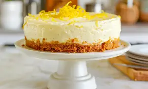 En krämig citron cheesecake med krispig botten, toppad med rivet citronskal. Perfekt för en somrig fika.