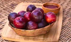 Korb mit dunklen, glänzenden Pflaumen. Vorsicht: unreife Pflaumen giftig! Daneben eine kleine Schale mit Pflaumenmus.