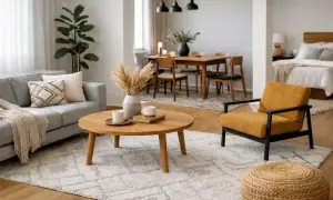 Przytulny salon z szarą sofą, żółtym fotelem i jadalnią. Ta fotografia wnętrz ukazuje harmonię stylu.
