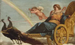 Hera gudinna i sin gyllene vagn dragen av påfåglar, med en putto som kastar blommor.