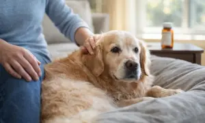 Złoty retriever leży na kanapie, głaskany przez właściciela. Obok stoi buteleczka leków, sugerująca rozważania o gabapentyna dla psa skutki uboczne.