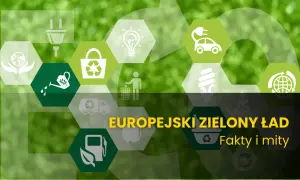 Grafika z ikonami symbolizującymi ekologię i hasłem "Europejski Zielony Ład".