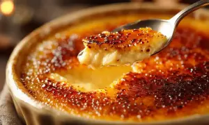 Une cuillère prélève une bouchée d'une crème brûlée dorée, sa croûte caramélisée craquant sous la pression.