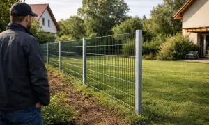 Mann inspiziert einen frisch installierten Metallzaun. Ein Projekt, um den eigenen zaun selber bauen, ist hier gut sichtbar.