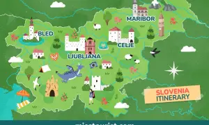 Entdecke Slowenien: Eine Karte mit Highlights wie Bled, Ljubljana, Maribor und Celje. Ein Drache wacht über die Reiseziele – ein echtes Slowenien Must-See!