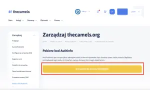 Pobieranie kodu Authinfo dla domeny thecamels.org. Ten kod jest niezbędny do transferu domeny.