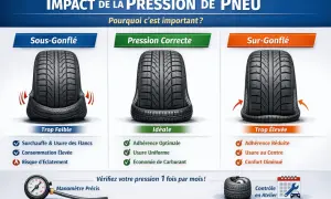 Comparaison de la pression pneu : sous-gonflé, correcte et sur-gonflé. Une pression adéquate assure adhérence, usure uniforme et économie de carburant. Vérifiez votre pression !