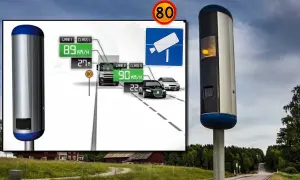En fartkamera visar hastigheter och avstånd för fordon. En illustration visar hur fartkameran mäter hastighet och avstånd.