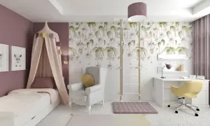 Urocza lampka do pokoju dziecka, wisząca nad drabinką, tworzy przytulną atmosferę w pokoju z motywem kwiatowym.