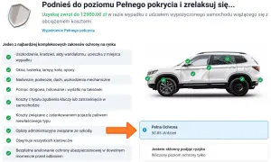 Pełna ochrona samochodu kosztuje 50.85 zł dziennie, obejmuje uszkodzenia, kradzież, pomoc drogową i inne.