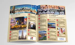 Otwarta broszura z mapami i zdjęciami Nowego Jorku i Zachodniego Wybrzeża USA.