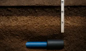 Przekrój gleby z widocznym przyłączem wody, rurką i miarką wskazującą głębokość 70-90 cm.