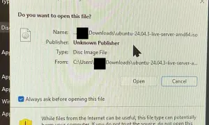 Ostrzeżenie bezpieczeństwa: chcesz otworzyć plik iso z Ubuntu? Wydawca nieznany.