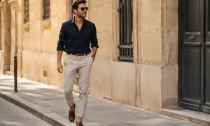 Mężczyzna w eleganckim outficie męskim, w granatowej koszuli i beżowych spodniach, spaceruje ulicą.
