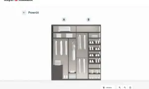 Projekt układu szafy w przedpokoju: wieszaki z ubraniami, półki z butami i szuflady.