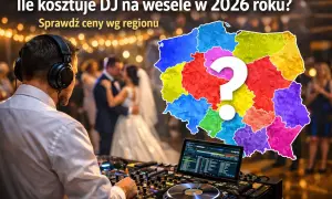 DJ na weselu, para młoda tańczy, mapa Polski z pytajnikiem i kolorowymi regionami.