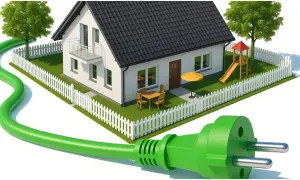 Dom z zielonym kablem i wtyczką symbolizującym energię elektryczną.