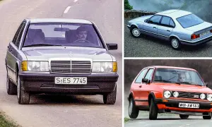 En samling ikoniska 80 tals bilar: en silverfärgad Mercedes-Benz 190E, en ljusblå BMW 5-serie och en orange VW Golf GTI.