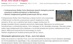 Przewóz 80 tys. euro ukrytych w bagażu. Od 10 tys. euro obowiązuje zgłoszenie.