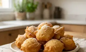 Une pile de pâte à beignets dorée et saupoudrée de sucre glace, prête à être dégustée.