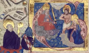 Buchmalerei Mittelalter: Gottvater mit Schwert, Jesus, Maria und ein Mönch mit Bischof.