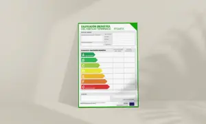 Etiqueta de certificado energético vivienda, mostrando la escala de calificación de A (más eficiente) a G (menos eficiente).