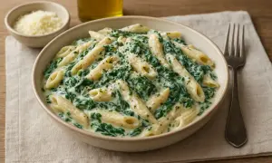 En skål med krämig vegetarisk pasta med spenat och penne, toppad med riven ost.