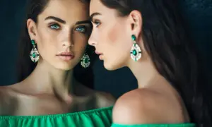Piękna kobieta w zielonej sukience, zjawiskowy makijaż do zielonej sukienki podkreślający niebieskie oczy i eleganckie kolczyki.