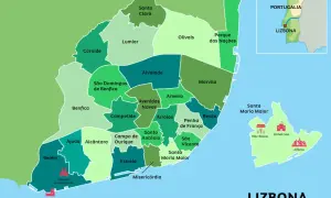 Mapa administracyjna Lizbony, stolicy Portugalii, z zaznaczonymi dzielnicami i zabytkami, jak Klasztor Hieronimitów.