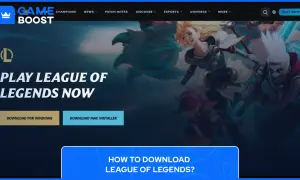 Postać Lux i Ekko z League of Legends na tle gry, przyciski pobierania.