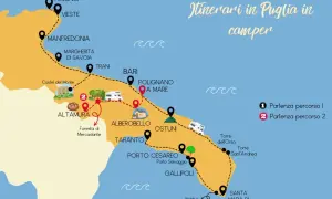 Mappa degli itinerari in camper per visitare la Puglia, con tappe da Peschici a Santa Maria di Leuca.