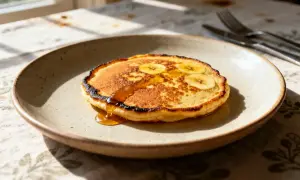 Un délice matinal : des pancakes à la banane dorés, nappés de sirop, sur une assiette en céramique.