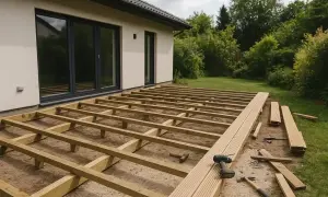 Budowa tarasu: drewniany fundament z legarów czeka na deski. Narzędzia i materiały gotowe do pracy.