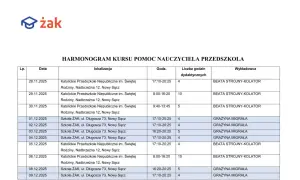 Harmonogram kursu pomoc nauczyciela przedszkola, kod zawodu nauczyciel przedszkola. Lista zajęć, daty, lokalizacje i wykładowcy.