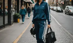 Eleganckie dresy stylizacje na ulicy. Kobieta w granatowym dresie Adidas z białymi paskami, trzymająca dwie czarne torby.