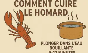 Illustration d'un homard à côté d'une casserole d'eau bouillante, avec le texte "Comment cuire le homard". La cuisson du homard est simple : plonger 9-12 minutes.