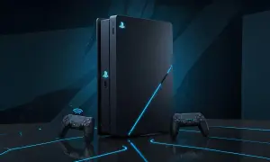 Czarna konsola PlayStation z niebieskimi akcentami i dwoma kontrolerami na ciemnym tle.